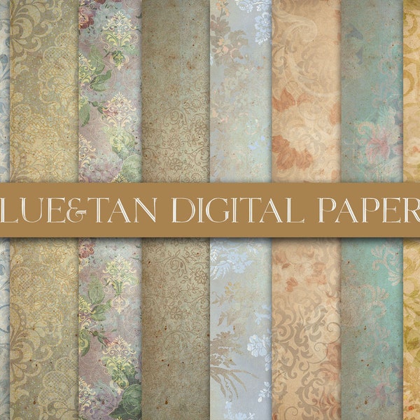 Blue And Tan Paper, Damask Pattern, Floral Pattern, Shabby Vintage, Faded Damask, Wallpaper Style, Junk Journal, Digital Download