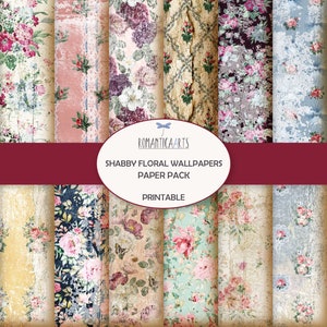 Schäbiges Blumenmuster-Papierpaket, digitale Tapete, Blumenmuster-Papier, Vintage-Muster, Junk-Journal, Grungy Floral, digitaler Download