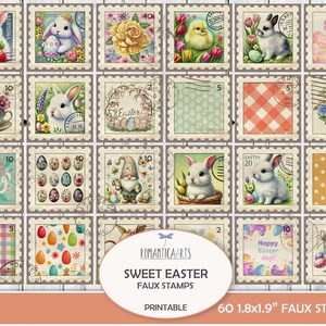 Faux timbres de Pâques, Cottagecore, oeufs de Pâques, clipart lapin de Pâques, kit de journal indésirable, timbres-poste, clipart printemps, conception de lapin