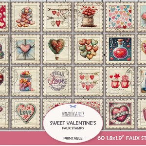 Kit de diario basura, sellos de San Valentín, imprimibles de San Valentín, imágenes prediseñadas de San Valentín, sellos postales, sellos falsos, material efímero digital