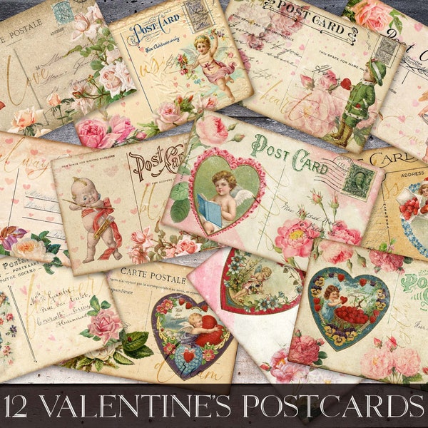 Valentine's Postcards, Vintage Valentine, Romantic Paper, Heart Floral, Journal Insert, Digital Valentine, Cute Cupid