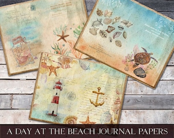 A Day At The Beach Journal Paper, Digital Beach Page, Printable Seashell Journal Paper, Sea Life Page, Shabby Nautical Paper, Beach Ephemera