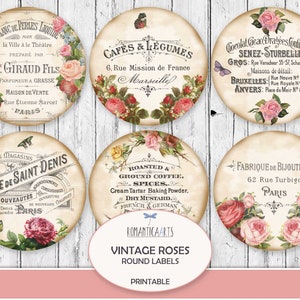 Vintage Rosen rundes Etikett, französische Werbung, Vintage Tag Download, französische digitale Ephemera, Collage Sheet rund