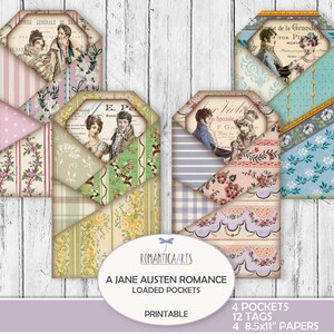 Bolsillos de Jane Austen, Etiquetas efímeras, Orgullo y prejuicio, Kit de diario basura, Diario de lectura, Romántico Shabby Chic, Papeles digitales Regency