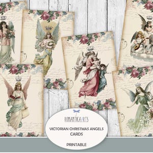 Téléchargements numériques de cartes anges victoriennes, papier minable numérique de Noël, ange gardien imprimable, ange et roses, Noël vintage