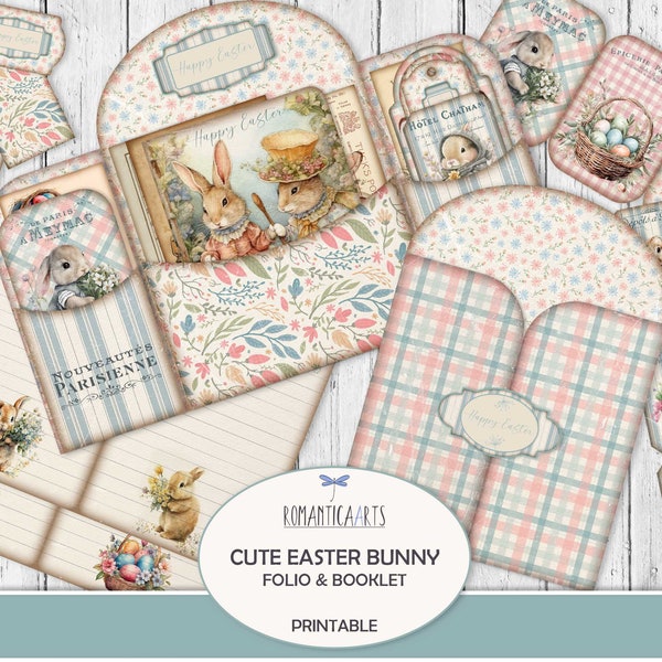 Cute Easter Bunny Folio And Booklet, Easter Journal Kit, Bunny Journaling Paper, Blue And Pink Folder, Easter Ephemera, Floral Bunny Design