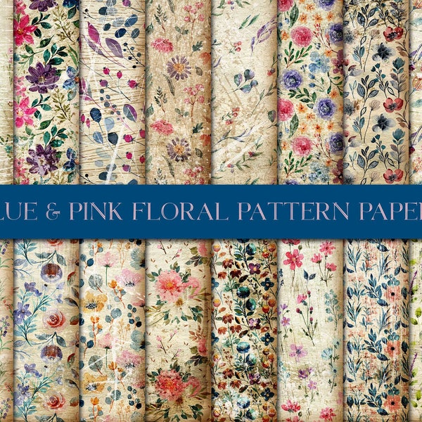 Blue And Pink Floral Pattern Paper, Floral Digital Paper, Spring Pattern, Botanical Digitals, Digital Download, Junk Journal, Shabby Vintage