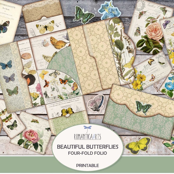 Beautiful Butterflies Four-Fold Folio Kit, Butterfly Digital Junk Journal, Printable Folio, Shabby Pocket Folder, Journal Add-On