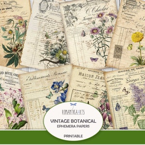 Papier botanique éphémère imprimable, téléchargement numérique, éphémères vintage, éphémères Français, papier de scrapbooking, botanique numérique