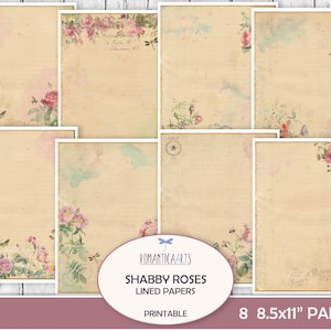Papel rayado Shabby Rose, papelería digital, papel de carta con rosas, rosas vintage, diario basura, descarga digital, papel para álbumes de recortes