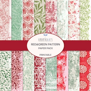 Shabby Christmas Digital Papers, Red And Green Pattern Papers, Vintage Pattern, Christmas Junk Journal Printables