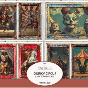 Junk Journal Kit, Quirky Circus, Junk Journal Pages, Clown, Elephant, Carnival, Grunge, Animals, Pockets, Cards, Tags, Tickets, Stamps