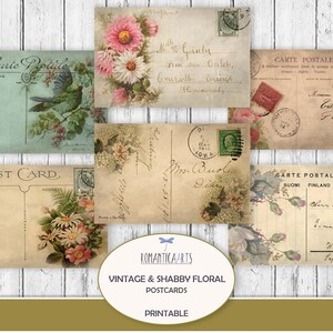 Druckbare Vintage Blumen Postkarte, schäbige Rose, romantische Postkarte, Scrapbookpapier, Journaleinlage, Junk Journal, digitaler Download