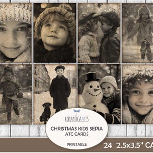 Cartes ATC sépia de Noël pour enfants, à l'ancienne, carte à collectionner d'artiste, kit de journal indésirable, Noël rétro, clipart Noël