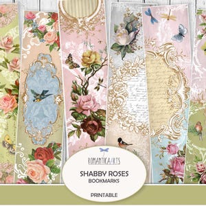 Marcadores de rosas desgastadas, tiras de rosas digitales, rosas vintage, tiras imprimibles, regalo de lectura, diario basura, descargas digitales, papel para álbumes de recortes