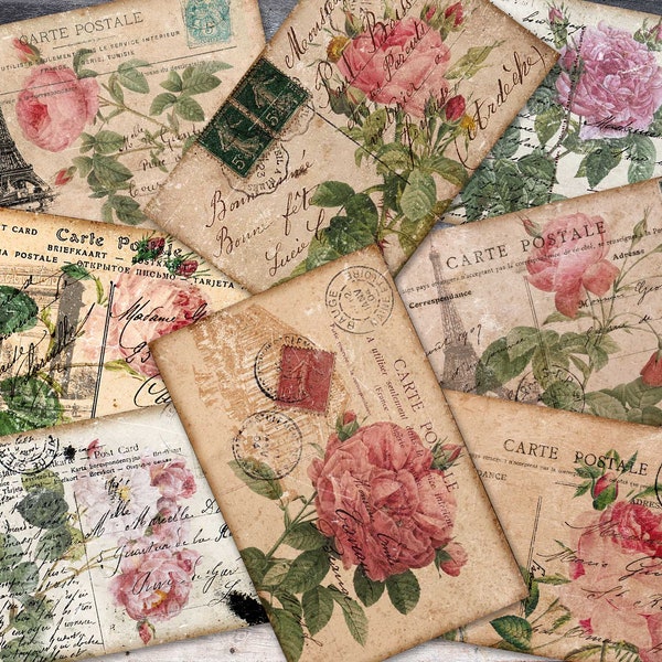 French Rose Postcard, French Ephemera, Shabby Floral, Vintage Postcard, Junk Journal, Rose Collage Sheet, Digital Download, Scrapbook Paper