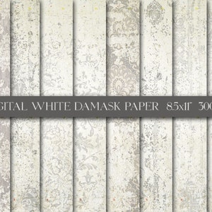 White And Grey Damask Pattern Paper, Shabby White Paper, Grungy White, Wallpaper Style, Vintage Damask, Junk Journal, Digital Download