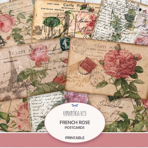 Postal de rosa francesa, efímera francesa, flores desgastadas, postal vintage, diario basura, hoja de collage de rosas, descarga digital, papel para álbum de recortes