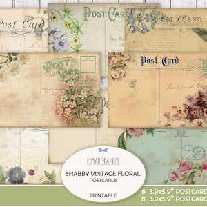 Postales digitales con flores, flores desgastadas, papel botánico, postal imprimible, diseño botánico vintage, inserto de diario, descarga digital