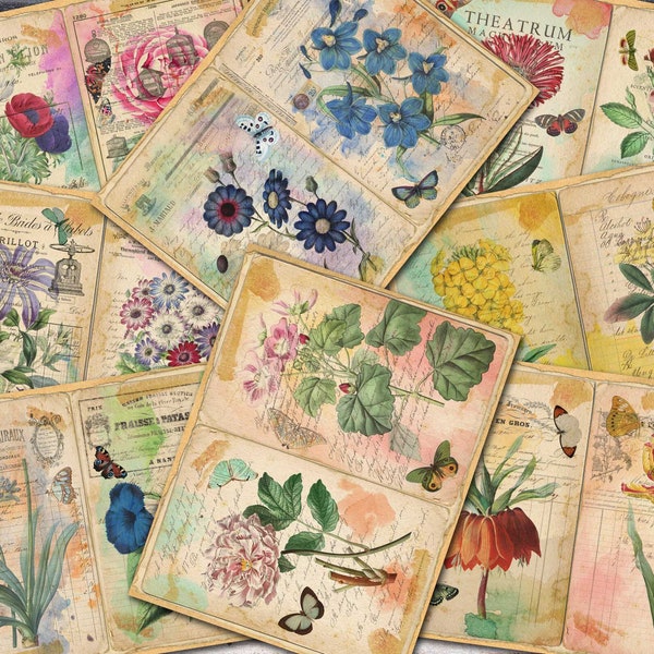 Colorful Botanical Journal Pages, Vintage Botanical, Vintage Floral, Layered Pages, Junk Journal, Digital Download, Scrapbook Paper