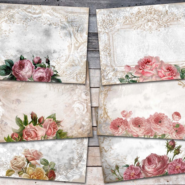 Editable Roses Cards, Shabby Digital Paper Labels, Shabby Pink Tags Printable, Digital Download Romantic Roses, Vintage Flower Collage Sheet