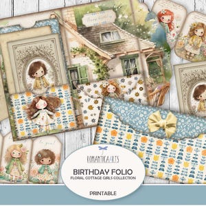 Junk Journal Folio, Geburtstags-Folio-Kit, Floral Cottage Girls, Cottagecore Digital, geladene Taschen, faltbares Folio, Journal Einlage