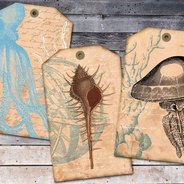 Sea Life Digital Hang Tags, Sea Horse Printable, Octopus Digital Paper, Sepia And Blue Ocean Life Tags, Sea Life Collage Sheet, Sea Ephemera