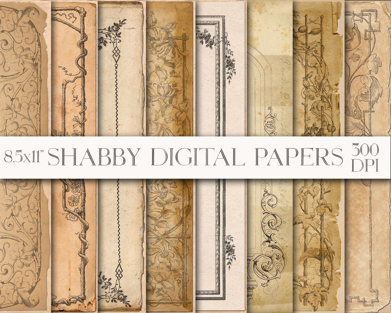 Vintage Frames Pages, Distressed Paper, Grunge Digital Paper, Tattere…