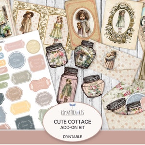 Niedliches Cottage Add-On-Kit, Junk Journal zum Ausdrucken, Cottage Girl, Scrap Pack, Vintage Etikett, digitales Einmachglas, Cottage Papier, digitaler Download