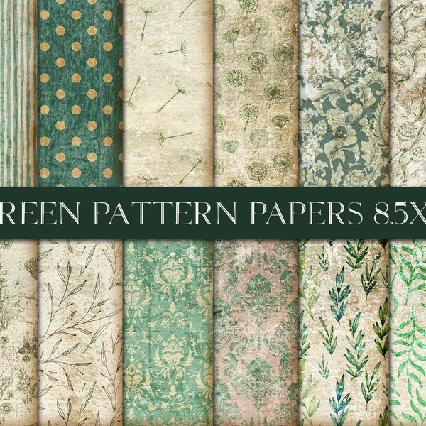 Shabby Green Pattern Paper, Junk Journal, Botanical Digital, Shabby Vintage, Damask Paper, Stripes Pattern, Digital Download