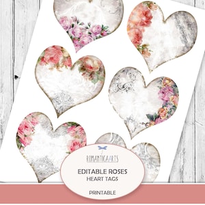 Editable Pink Roses Tag, Digital Heart Tag, Shabby Chic Roses, Vintage Tag, Heart Shape, Junk Journal, Digital Download, Scrapbook Paper