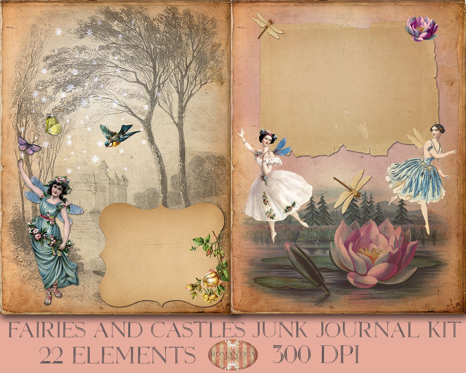 Fairy Junk Journal Kit, Vintage Book Pages,Scrapbook Paper Fairy Prints 50  Items
