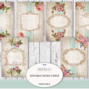 Instant Download Editable Roses Card, Vintage Shabby Roses Paper, Digital Roses Frames Decoupage, Digital Labels Shabby Roses Collage Sheet