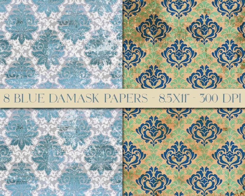 Digital Blue Damask Paper Shabby Vintage Damask Downloads Etsy