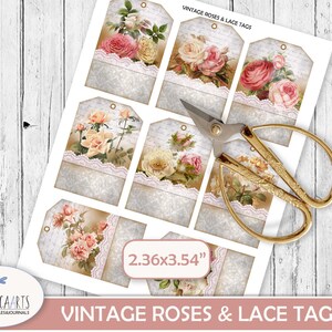 Vintage Roses Tags Digital, Printable Lace Gift Tags, Romantic Roses ...