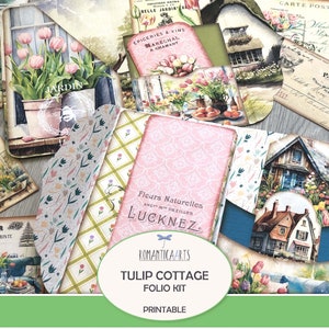 Kit folio cottage tulipe, journal tulipe imprimable, papier numérique Cottage Core, joli classeur de poche, pochette chargée, fournitures pour journaux indésirables