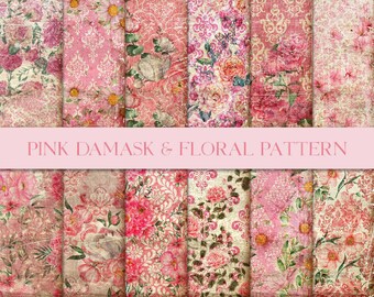 Pink Damask And Floral Pattern Paper, Pink Flower Pattern, Damask Paper, Floral Digital Page, Journal Paper, Digital Download