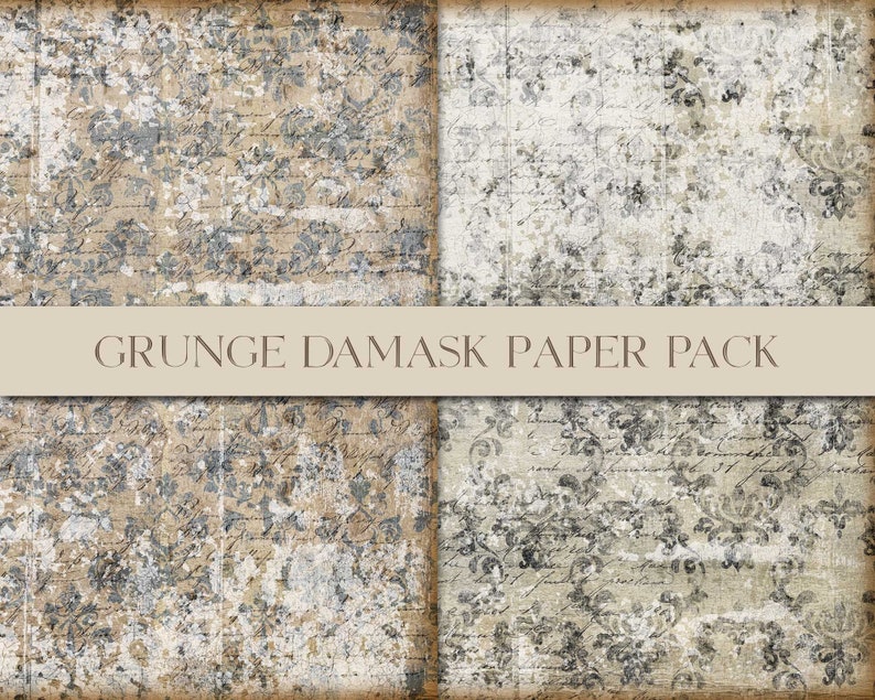 Grunge Damask Pattern Paper Pack, Wallpaper Style, Damask Digital Paper, Vintage Damask, Background Paper, Journal Supply, Digital Download image 2