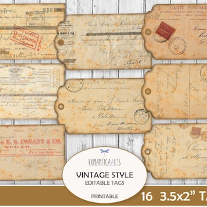 Etiquetas editables con sellos de letras francesas vintage, etiquetas colgantes sepia desgastadas, efímeras victorianas digitales imprimibles, hoja de collage de etiquetas vintage