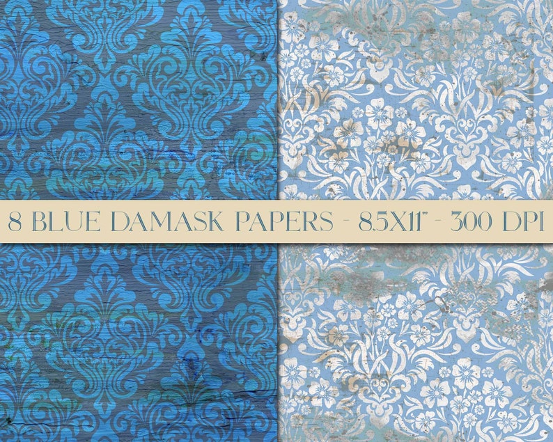 Digital Blue Damask Paper Shabby Vintage Damask Downloads Etsy