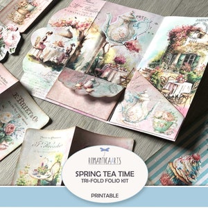 Kit de folio de tres hojas Spring Tea Time, té y rosas, bolsillo estilo folio desgastado, carpeta con mucho espacio, imprimible con té, complemento de diario, descarga digital