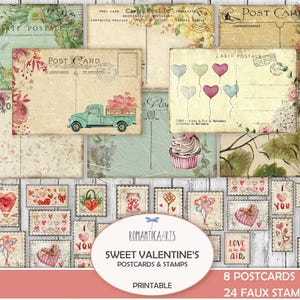 Postal de San Valentín, sello de San Valentín, romántico y desgastado, sello de corazón falso, postal con corazón floral, inserto de diario