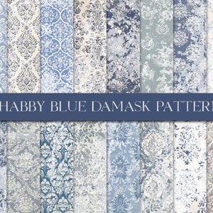 Blue Damask Pattern Paper, Shabby Blue Paper, Digital Paper Pack, Grungy Damask, Junk Journal, Digital Download, Scrapbook Paper