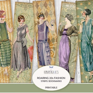 女性ファッションストリップ、1920 年代ファッション、ファッションブックマーク、狂騒の 20 年代、デジタル ヴィンテージ、ジャーナル インサート、デジタル ダウンロード、スクラップブック用紙