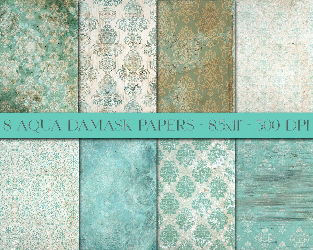 Aqua Damask Pattern Paper Green Damask Shabby Paper Vintage - Etsy