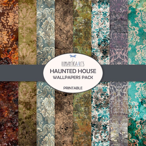 Vintage Halloween Haunted House Wallpaper, Grunge Damask Paper For Journal, Halloween Craft Paper Pack, Shabby Damask Pages, Victorian Paper