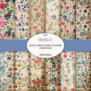Papier à motifs floraux bleu et rose, papier numérique floral, motif printanier, numériques botaniques, téléchargement numérique, journal indésirable, vintage minable