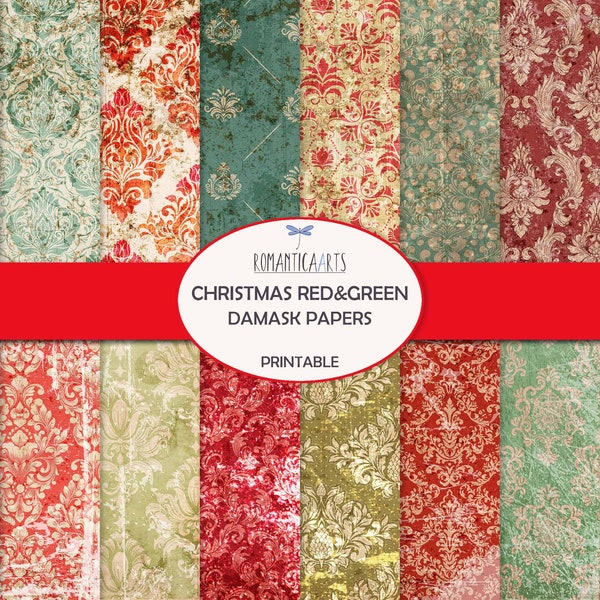 Christmas Red And Green Damask Paper, Digital Damask Paper, Shabby Damask Paper, Grunge Damask Background, Christmas Journal