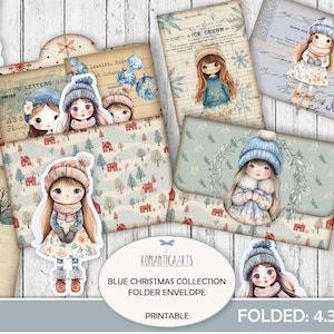 Enveloppe de chemise bleu Noël fille, folio pour journal indésirable, kit folio, noyau de chalet, Noël bohème, clipart hiver