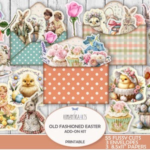 Stickers numériques, kit complémentaire Pâques à l'ancienne, impressions téléchargeables Cottagecore, kit de journal indésirable, lapin de Pâques, clipart printemps